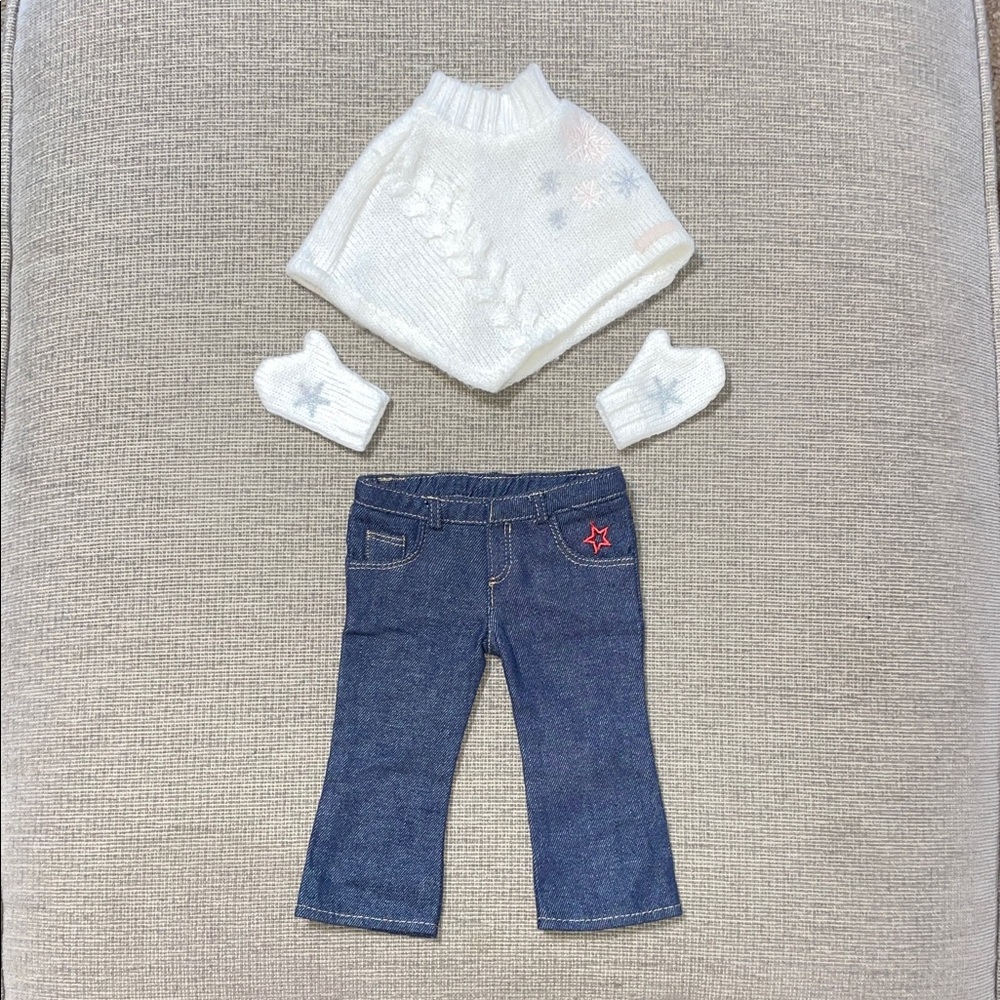 American Girl Knit Poncho Sweater, Mittens, and Blue Jeans